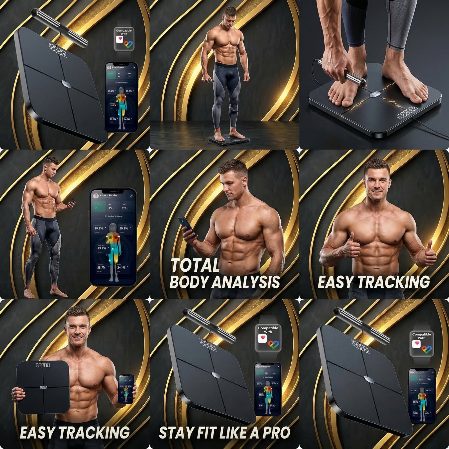 Promotional collage of a fitness scale with features like total body analysis and easy tracking.